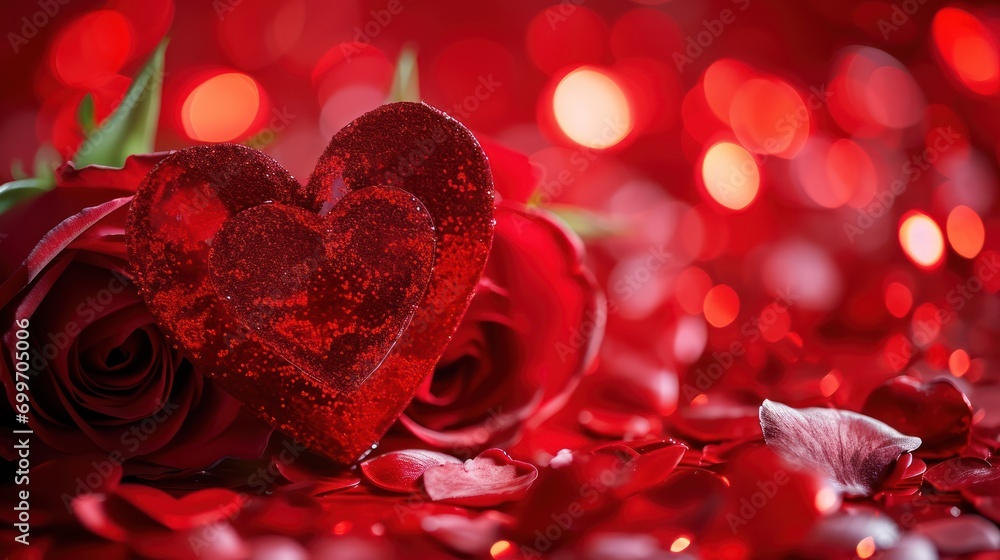 Poster a close up of a red rose with a heart shaped object in the middle of it and a rose in the middle of 