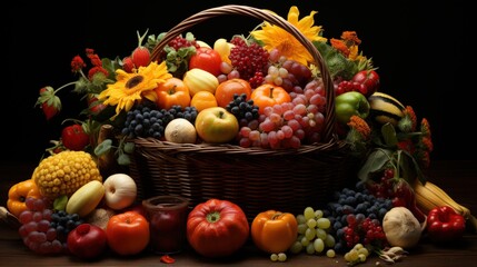 Naklejka na ściany i meble Abundance of Fresh Fruits and Vegetables in a Wicker Basket