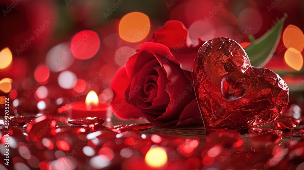 Poster a red rose sitting next to a red heart shaped box with a candle in front of it on a table.