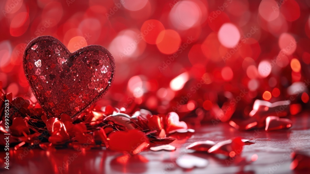 Poster a close up of a heart shaped object surrounded by confetti on a shiny surface with red lights in the