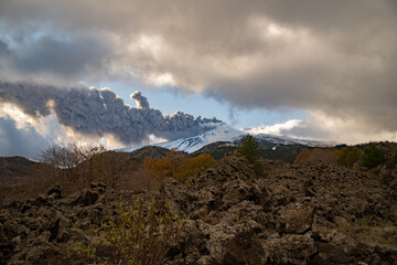 Eruptive vent with lava emis at the top of the Etna volcano