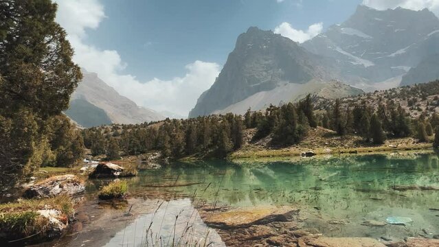 The Alaudin (Chapdara) lakes, lying at an altitude of 2800 m, are considered one of the most beautiful lakes of the Fan Mountains. Turquoise mountain lake. Pamiro-Alai. Tajikistan, Pamir 4K