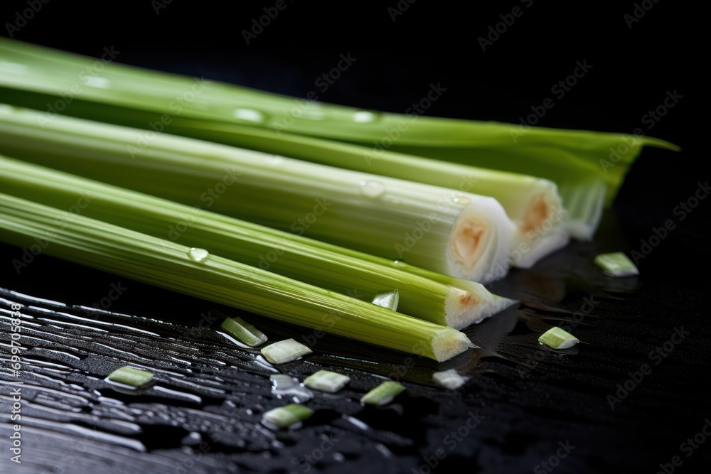 Poster a couple of celery sticks sitting on top of a black table next to some diced up diced up celery.
