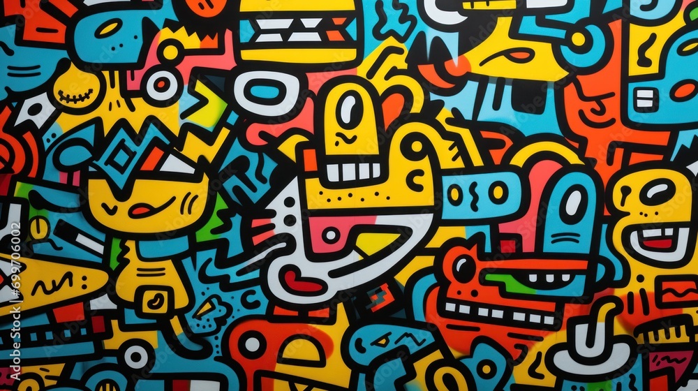 Poster a painting of many different colors and shapes on a wall with a clock in the middle of the picture a