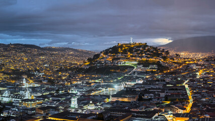 Panecillo hill, Virgen of Quito and colonial center at night
