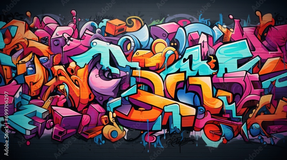 Poster a bunch of graffiti on the side of a wall with different colors and sizes of letters and numbers on 