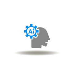 Vector illustration of head and gear with AI. Icon of machine learning. Symbol of artificial intelligence.