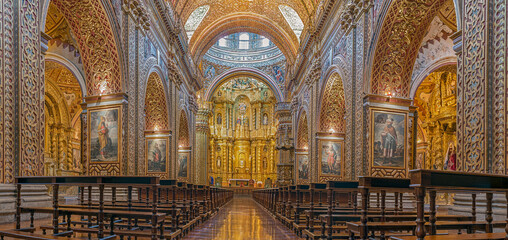 Quito La Compania church panoramic view of the central nave - obrazy, fototapety, plakaty