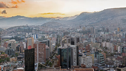 Panoramic view of the south-east part of Quito downtown at sunset