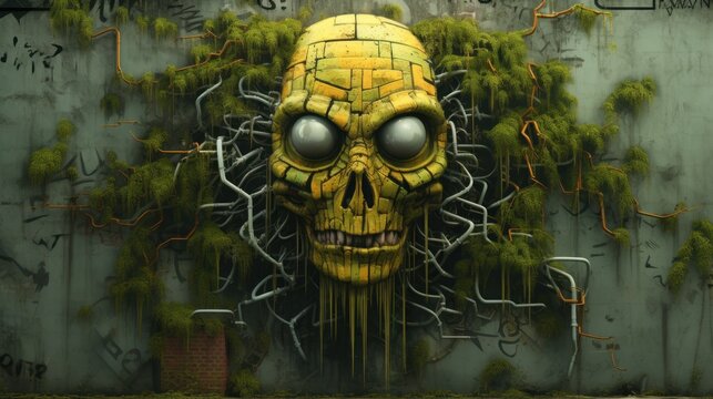  a painting of a yellow skull with eyes and vines growing out of it's head, in front of a grungy wall.