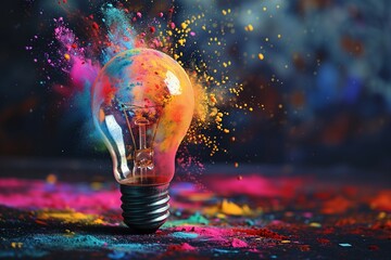 Light bulb with vibrant splashes of colorful powders emanating from it, symbolizing creative thinking of a human, on a dark background. - obrazy, fototapety, plakaty