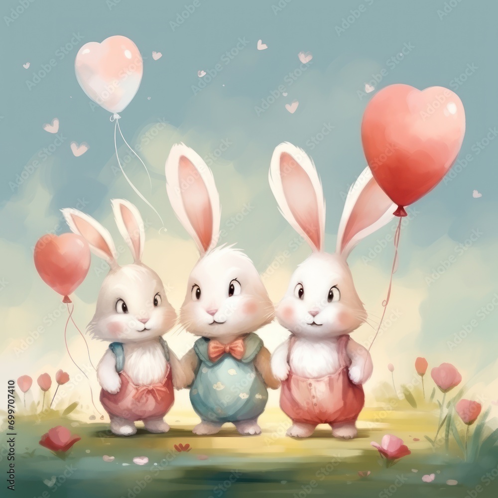 Poster a couple of rabbits standing next to each other on top of a field with balloons in the shape of hear