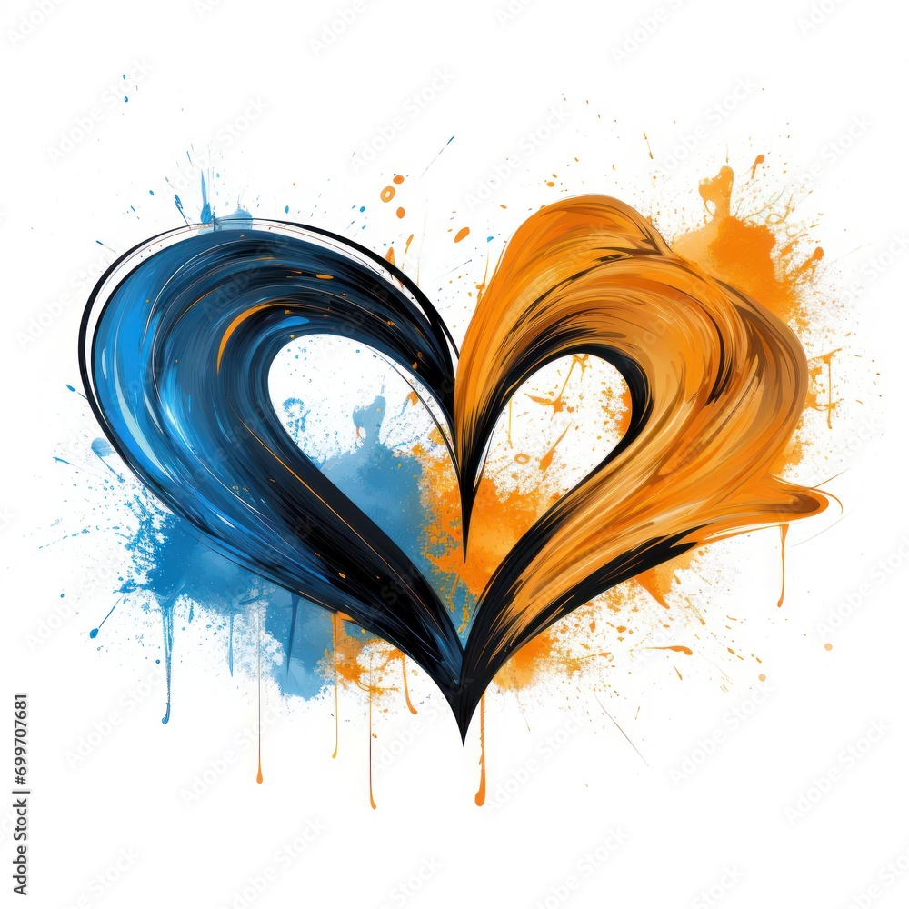 Poster a painting of two heart shaped shapes with paint splatters on the side of the image and a splash of 