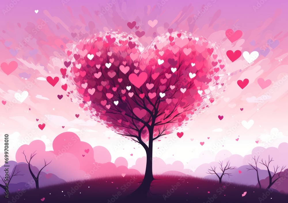 Poster a painting of a heart shaped tree in the middle of a field with trees in the foreground and clouds i