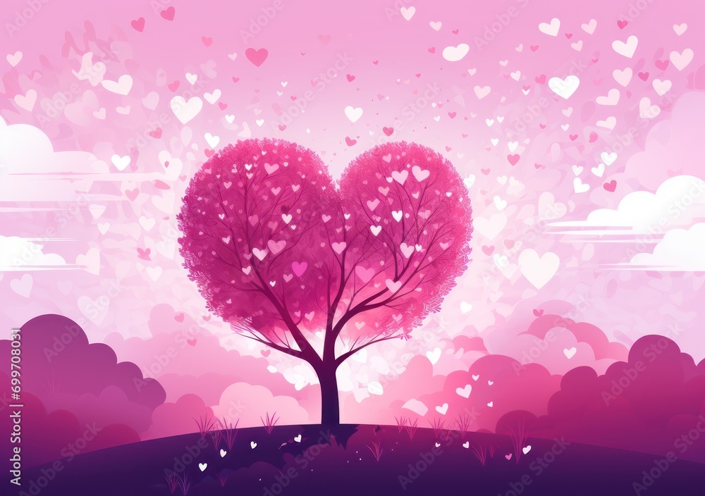 Poster a heart - shaped tree in the middle of a field with clouds and hearts flying in the sky in the backg