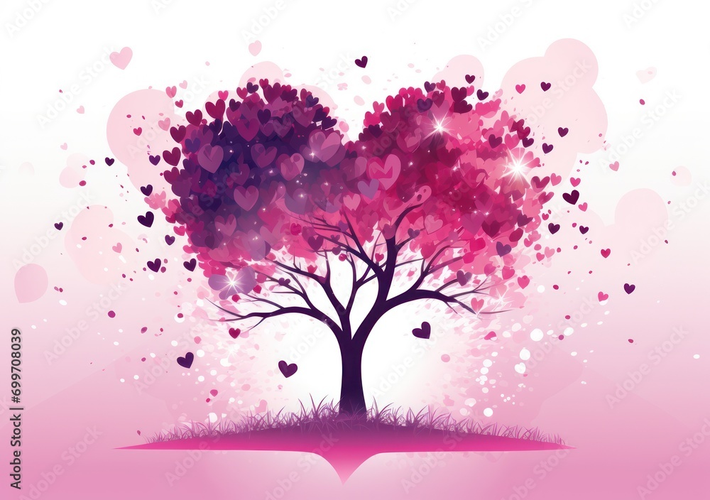 Poster a heart - shaped tree on a pink background with hearts in the shape of a heart on top of an open boo