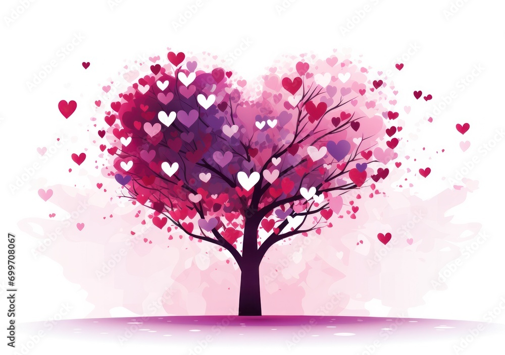 Poster a tree with lots of hearts in the shape of a heart on a white background with a place for text.
