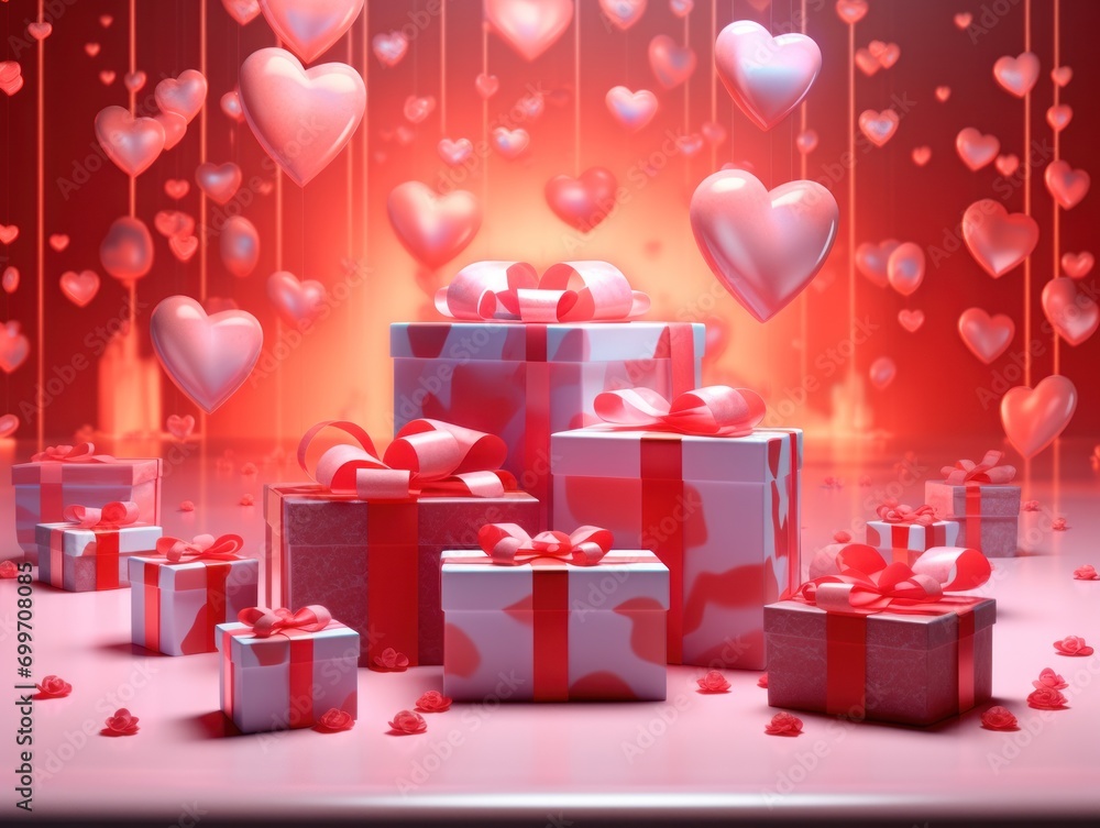 Poster a bunch of presents that are sitting in the middle of a room with hearts hanging from the ceiling an