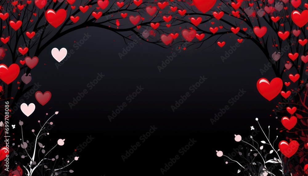 Poster a black background with a bunch of red and white hearts on the branches of a tree and a black backgr