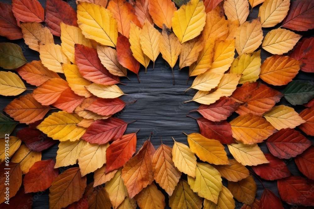 Poster a bunch of leaves that are arranged in the shape of a circle on top of a black surface with a blue c