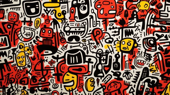  a vibrant and colorful painting by Keith Haring, featuring a variety of cartoon images in bright red, yellow, and black The painting is full of life and energy, wi