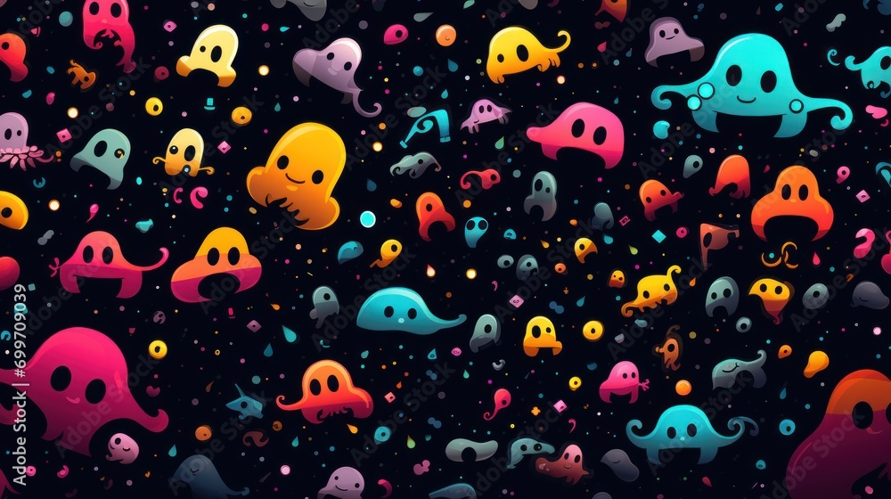 Poster a black background with a multitude of colorful cartoon ghosts scattered across it the ghosts are of