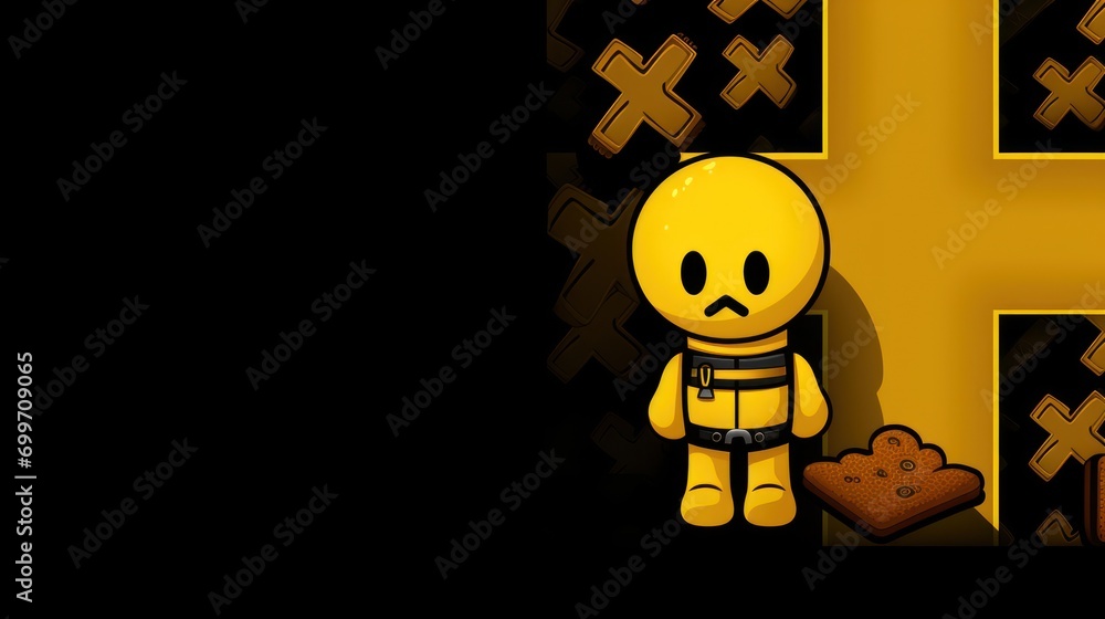Poster a cartoon character standing in front of a wall with a cross on it's face and a cookie in front of i