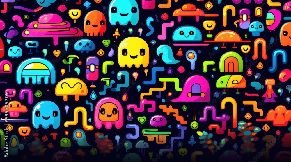 Poster a bunch of different colored objects on a black background with a black background and a black backg