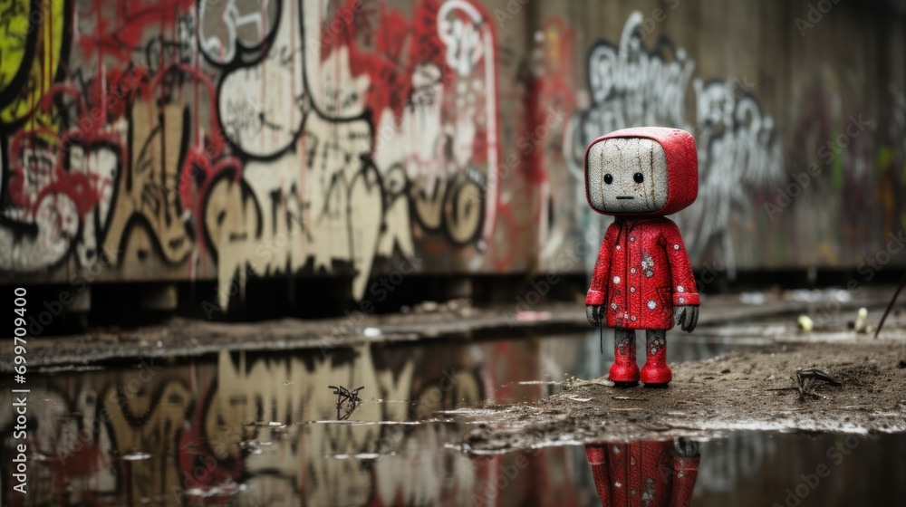 Poster a little red robot standing in front of a wall with graffiti on it's side and a puddle of water in f