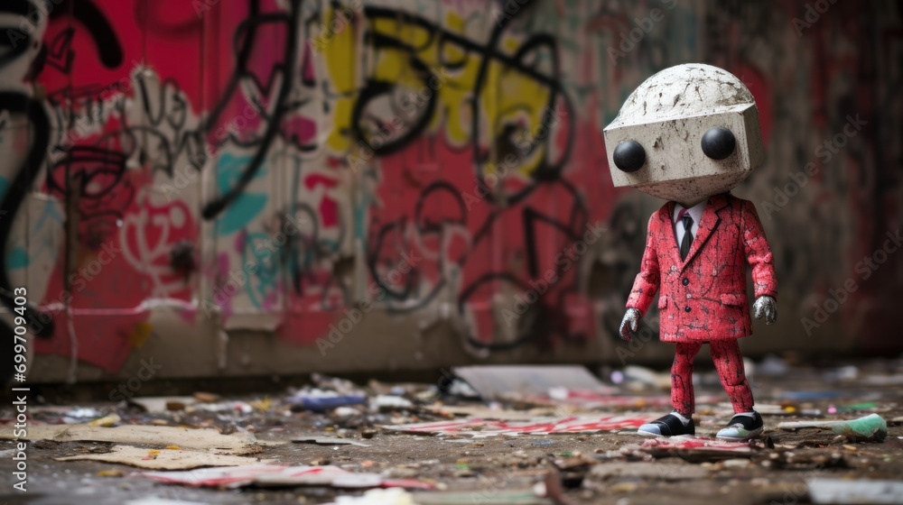 Aufkleber a toy wearing a suit and tie standing in front of a wall with graffiti on it and another toy wearing