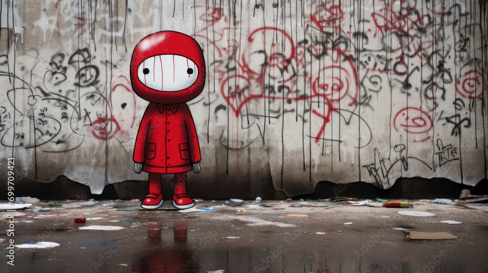 Aufkleber a cartoon character is standing in front of a wall with graffiti on it and trash scattered all over 