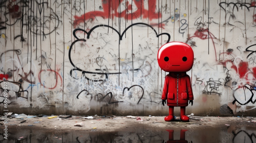 Poster  a little red robot standing in front of a wall with graffiti on it and a mirror in front of it.