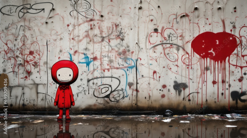 Aufkleber a person in a red jacket standing in front of a wall with graffiti on it and a heart painted on it.