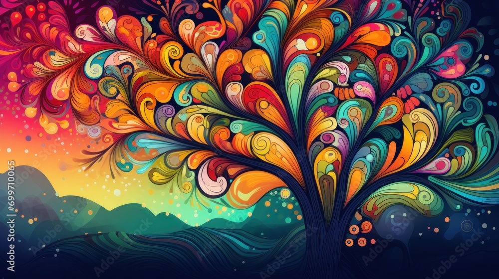 Poster a colorful tree with lots of colorful swirls on it's branches and a blue sky in the background.