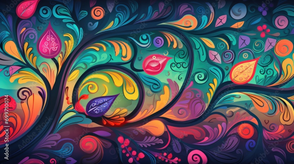 Poster a painting of a colorful tree with a bird on it's head and colorful swirls on it's branches.