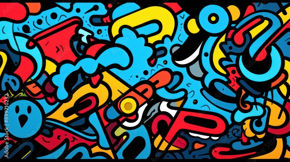 Poster a picture of a bunch of graffiti on the side of a wall with scissors and a can of soda in front of i