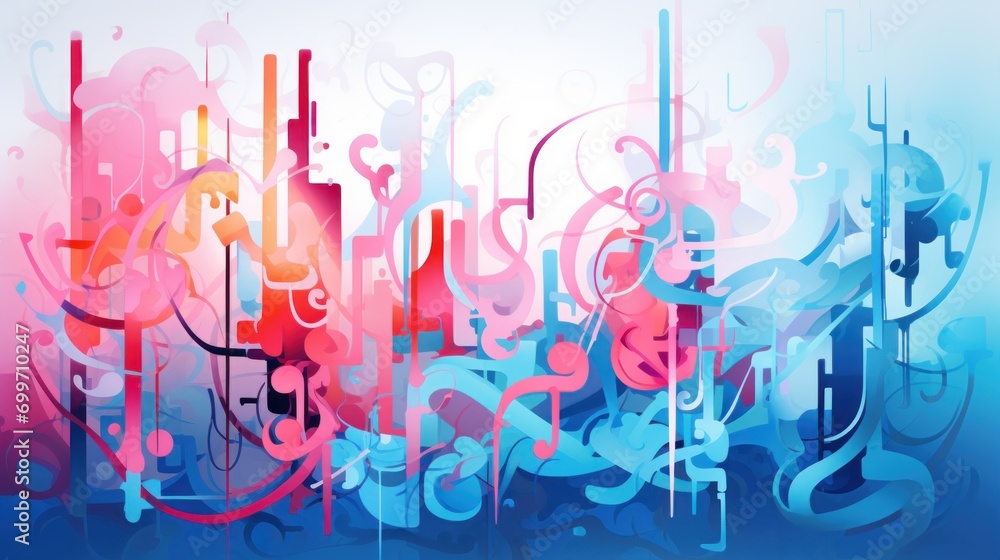 Poster a blue and pink abstract background with a lot of different type of letters and numbers in the middl