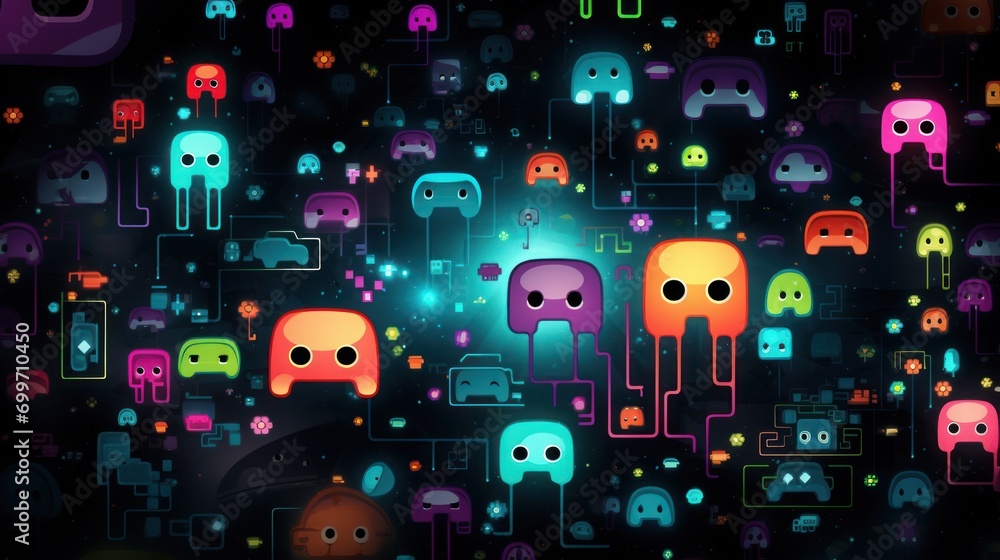 Poster  an image of a bunch of different types of video game characters in a dark room with glowing lights on them.