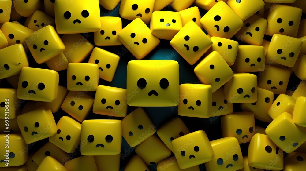 Poster a large pile of yellow dices with black dots on each side of the dice and a black dot on the other s