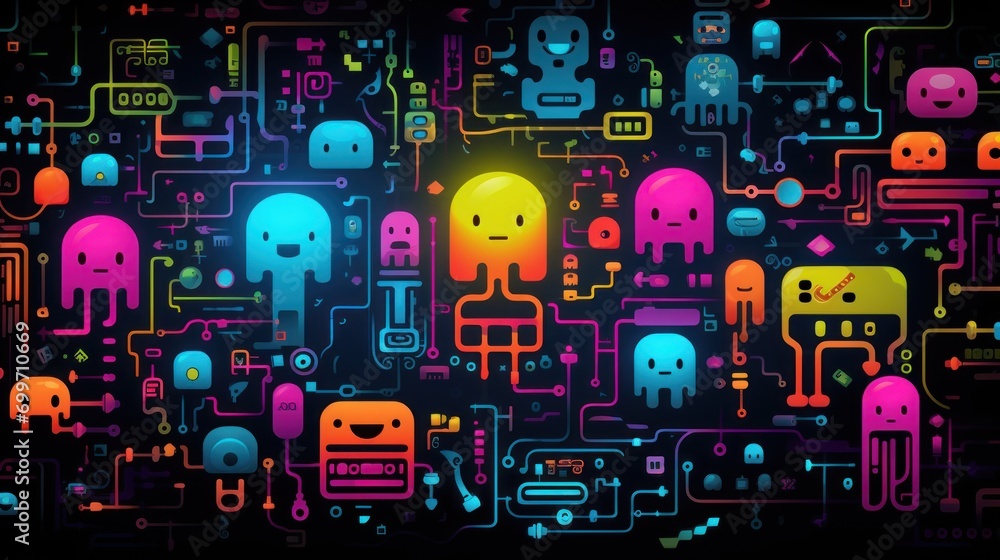Poster a colorful wallpaper with a lot of different types of electronic gadgets in the center of the image,