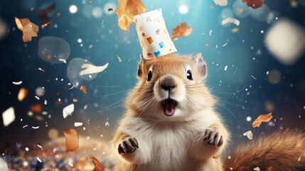 Happy cute animal friendly Squirrel wearing a party hat celebrating at a fancy newyear or birthday party festive celebration greeting with bokeh light and paper shoot confetti surround party