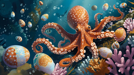 Obraz na płótnie Canvas Octopus underwater on a beautiful coral reef surrounded by easter eggs. Easter theme.