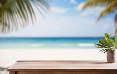 wooden table on the beach background mockup 