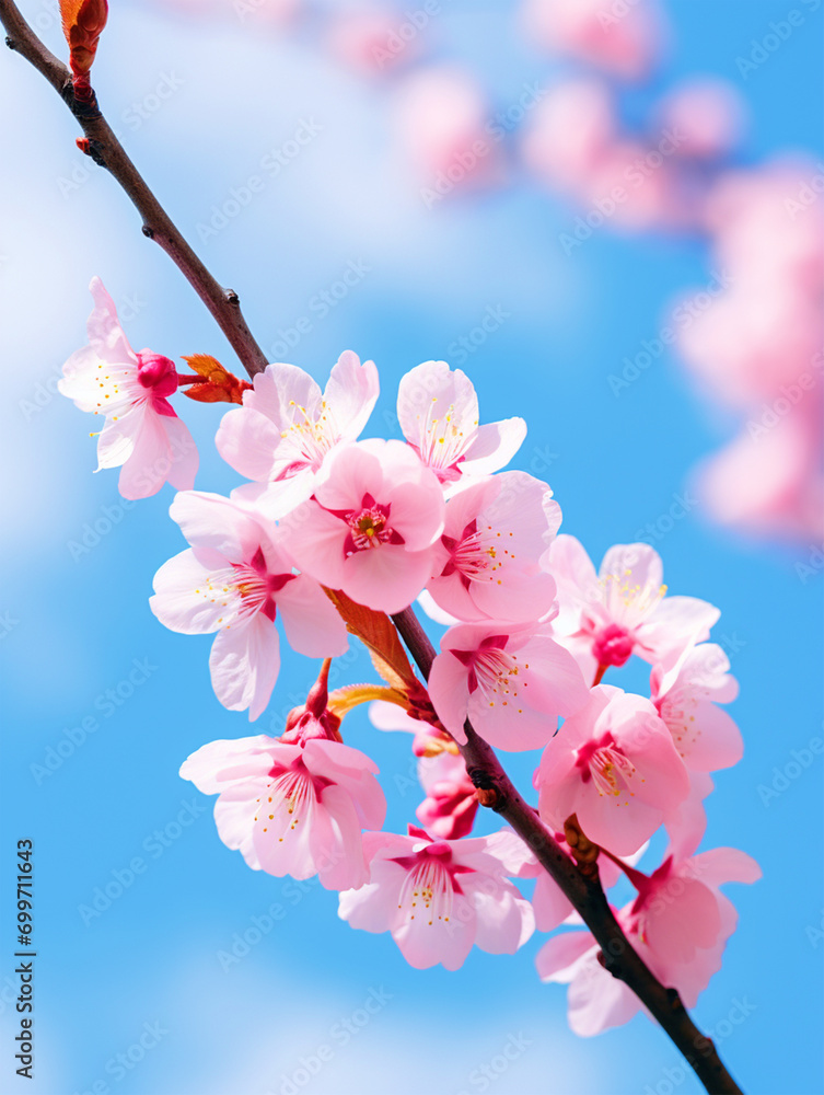 Wall mural beautiful cherry blossom tree branch with blooming flowers - ai generative