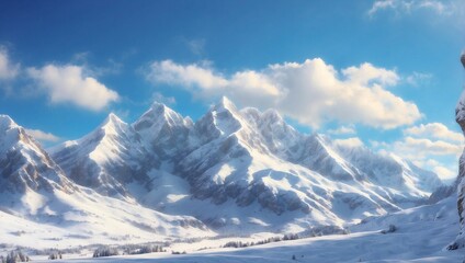 Majestic mountains blanketed in snow, under a clear blue winter sky. Generative AI