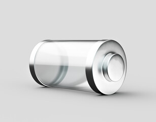 Glossy transparent battery charging glass empty battery with metal caps on white background 3d illustration