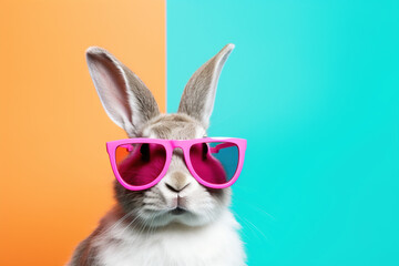 Looking in camera Easter Bunny rabbit with sunglasses on a gradient plain studio background with Empty space place for text, copy paste. Spring holiday celebration concept