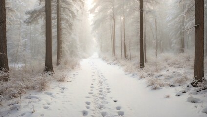 A snowy forest path, with footprints leading into the distance. Generative AI