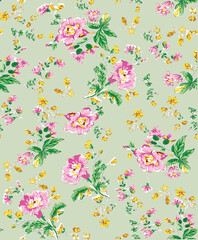 All over yellow and pink vector flowers pattern on green background