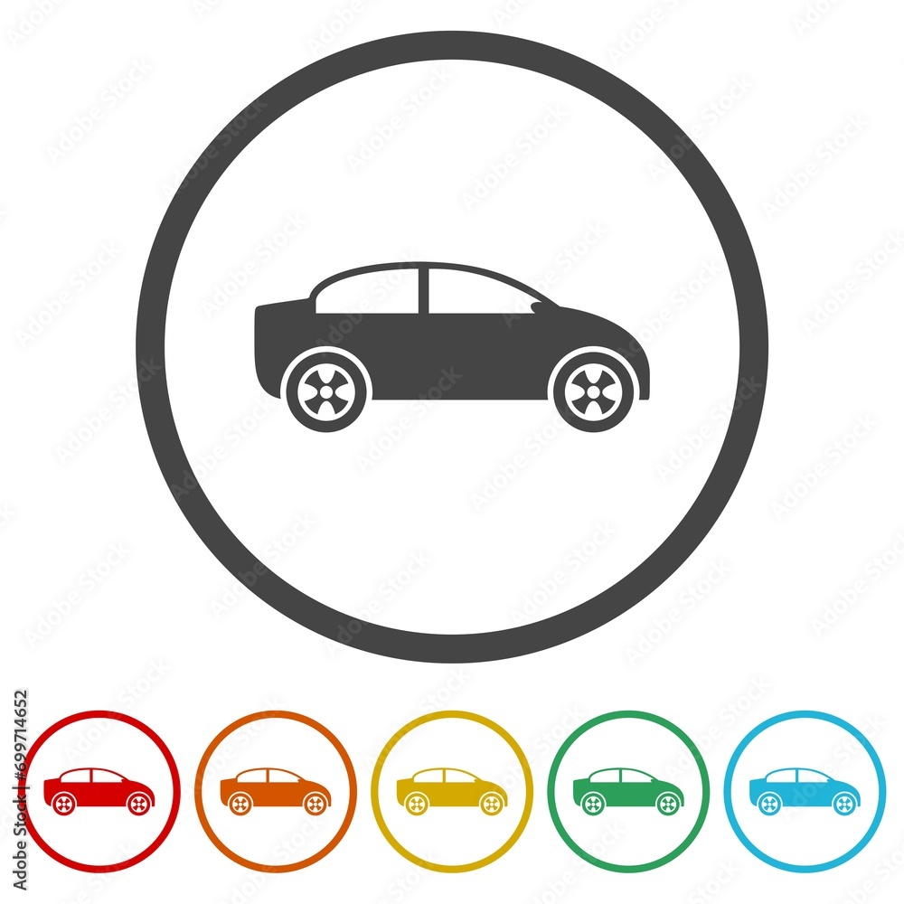 Poster car in side view silhouette icon. set icons in color circle buttons